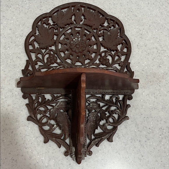 Vtg INDIA Hand Carved Wood Wooden Folding Shelf Intricate Leaf Design Leaves - Picture 2 of 14